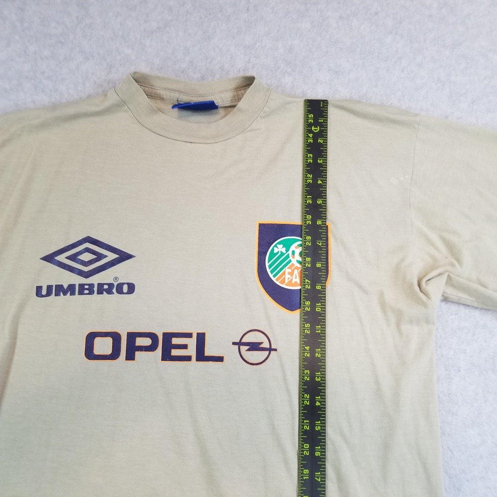 Vintage Umbro Shirt Mens Large Beige Ireland FAI Opel Soccer Football Tee 90s - Picture 9 of 10